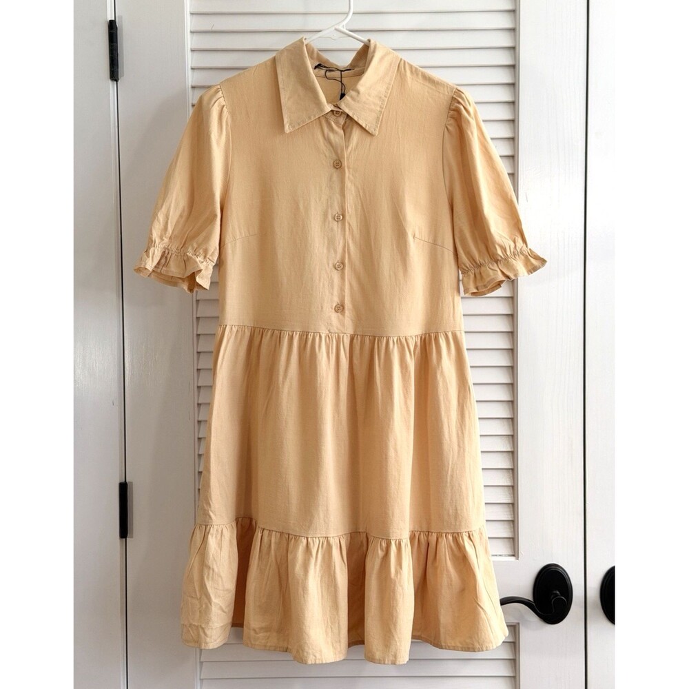 RoyLamp Womens S Peach Apricot Tiered knee length Dress Puff Sleeve Button Front